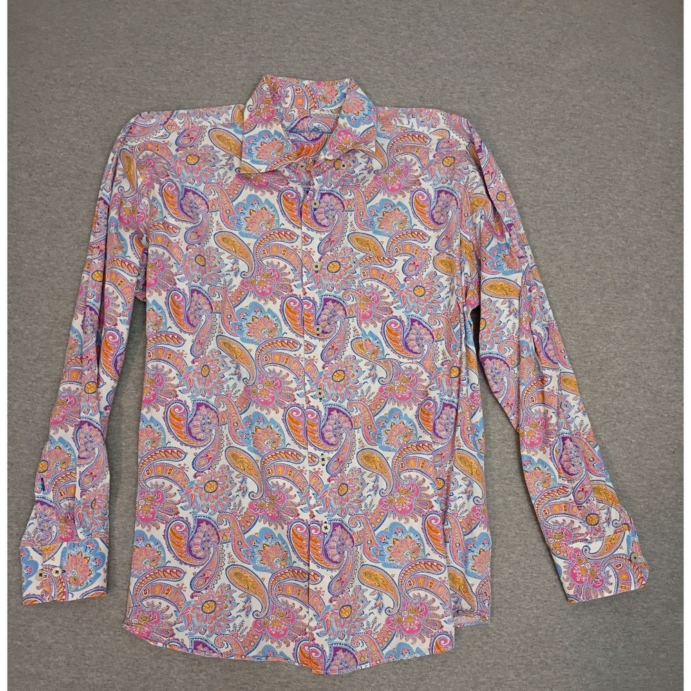 Alan Flusser Men's Large All Over Pastel Paisley Print Shirt Cotton Pink Blue